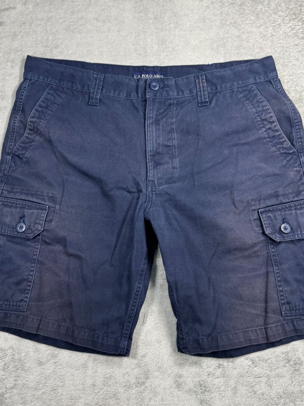 Y2K US Polo Assn Navy Blue Distressed Baggy Cargo Shorts Mens 38 Utility Grunge